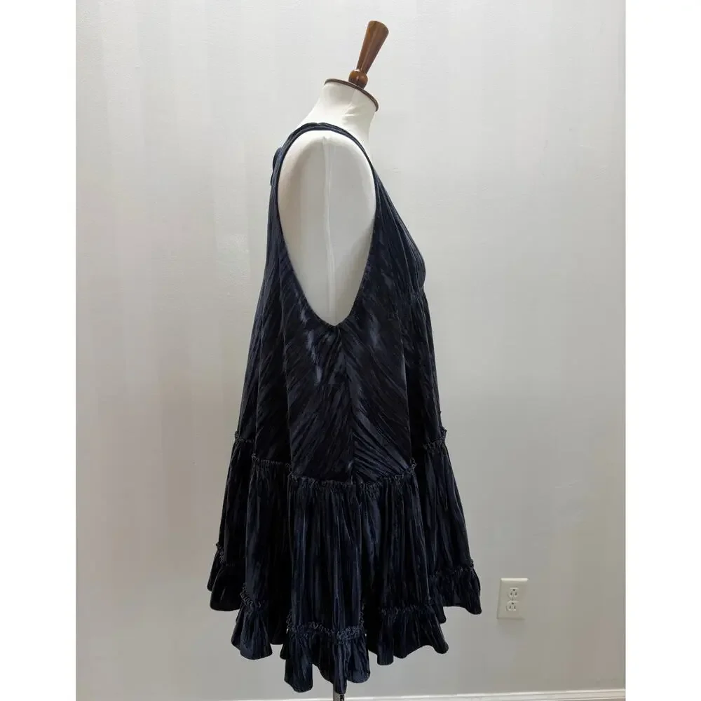 Free People Blue Velvet Tunic Top Boho Tiered Ruffle Deep V Back Tie Sz S